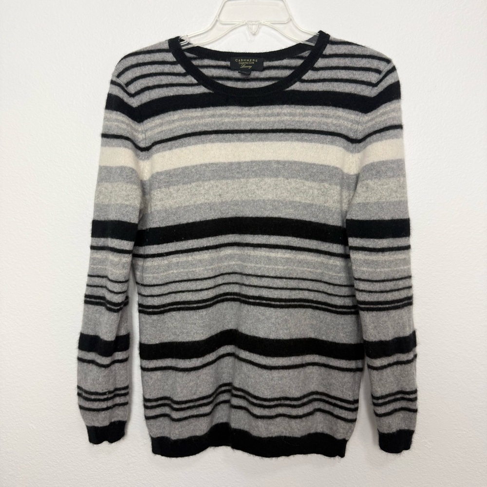 Charter Club Luxury 100% Cashmere Striped Grey & Black Crewneck Sweater Soft